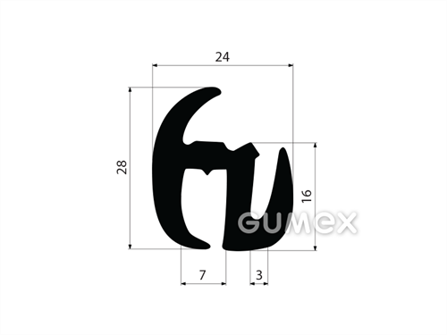 Pryžový profil do oken dopravních prostředků bez klínku, 28x24/7/3mm, 70°ShA, EPDM, -40°C/+100°C, černý